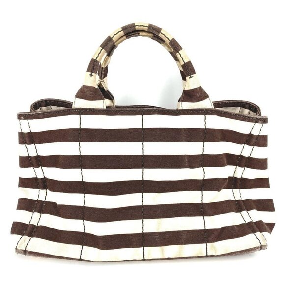 PRADA Canapa logo border Bag Tote Bag Hand Bag Canvas Brown/White - Picture 2 of 15